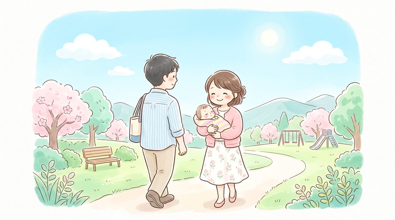宮崎の青空の下、公園で乳児を抱っこして微笑む母親と歩く父親の後ろ姿
