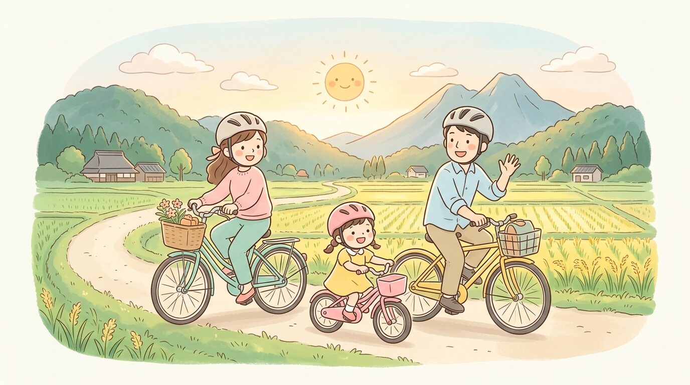 田園風景の中を親子3人で自転車に乗って走る様子、夕方の柔らかい光