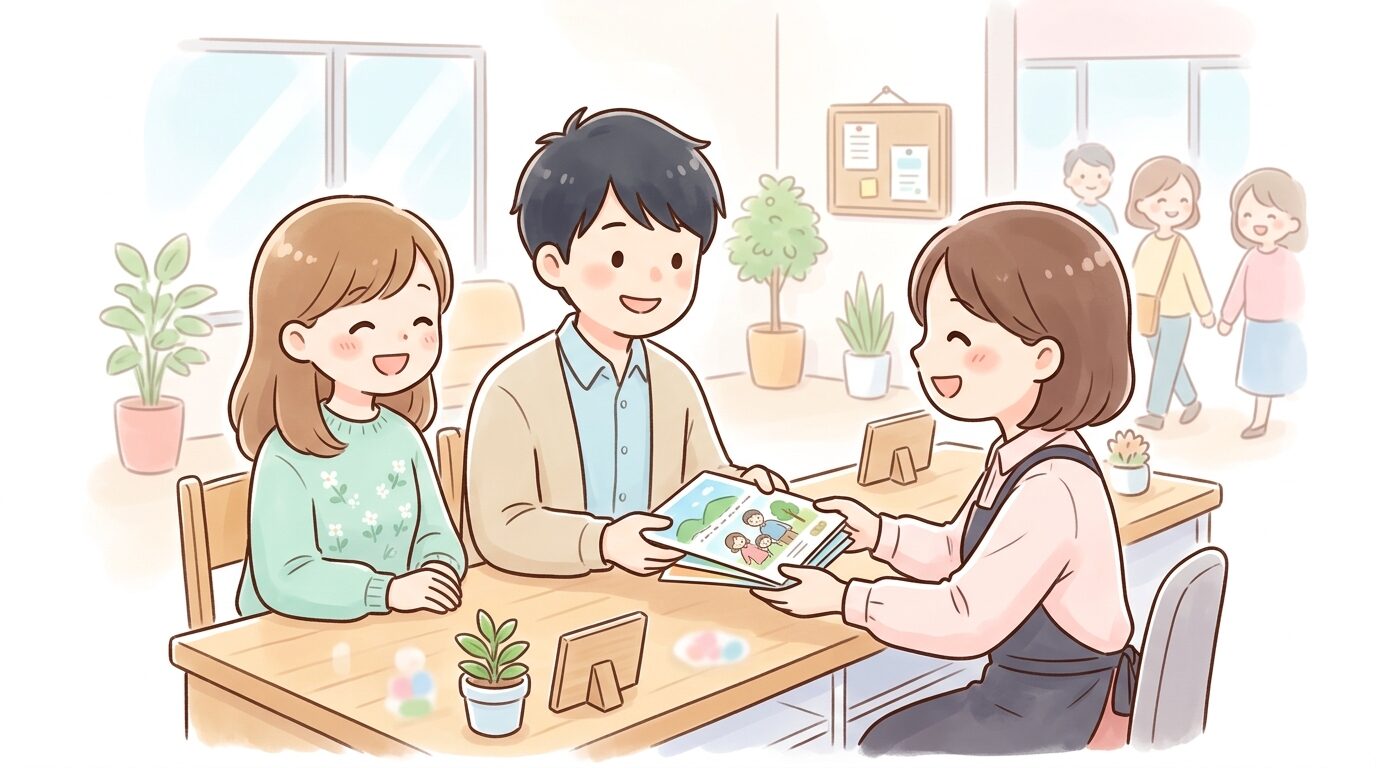 窓口で移住相談員から資料を受け取る若い夫婦、笑顔で会話している様子