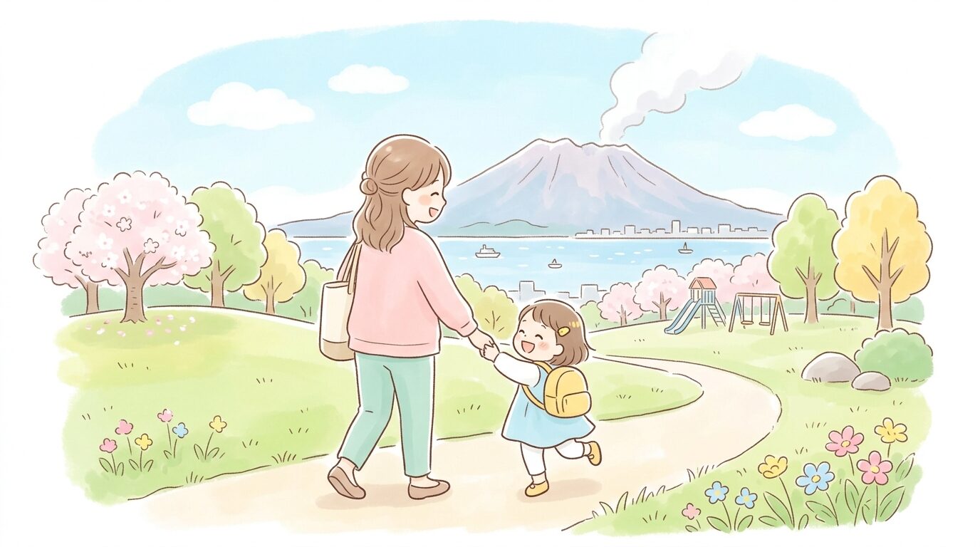 桜島を背景に公園で笑いながら遊ぶ幼児と若い母親の後ろ姿