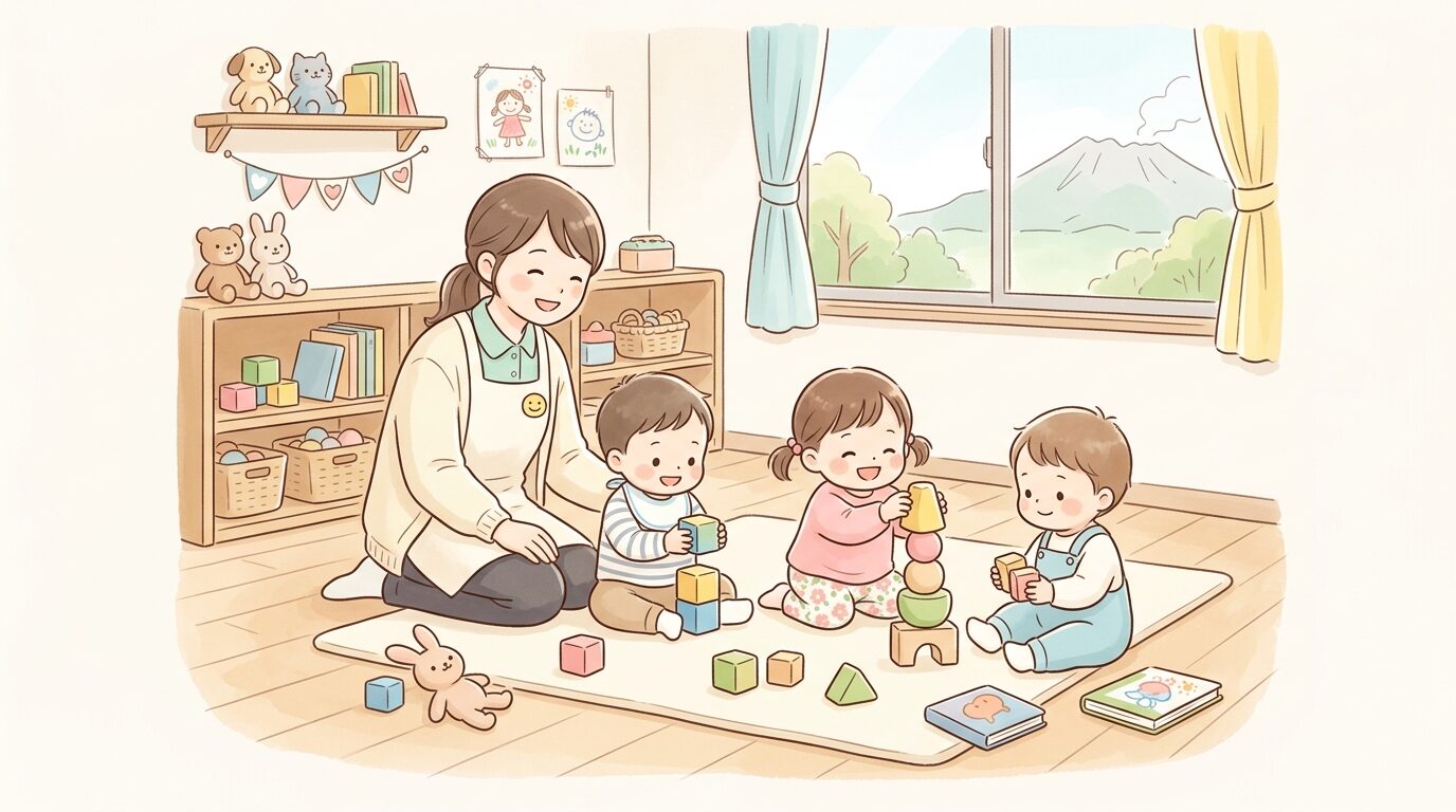 室内の子育て支援センターで積み木遊びをする複数の幼児とスタッフ