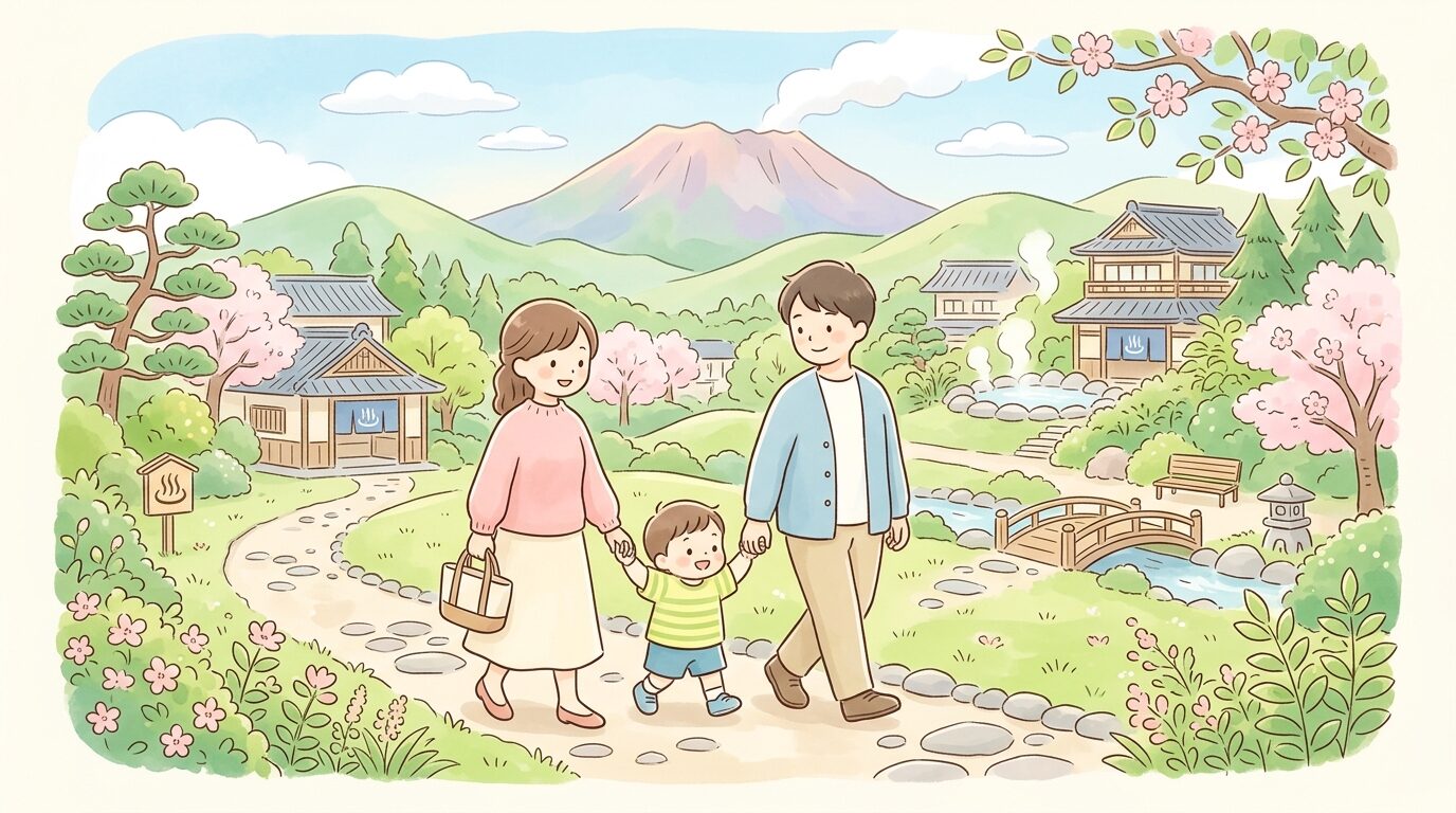 温泉地の緑豊かな公園で親子3人が手をつないで散歩する様子