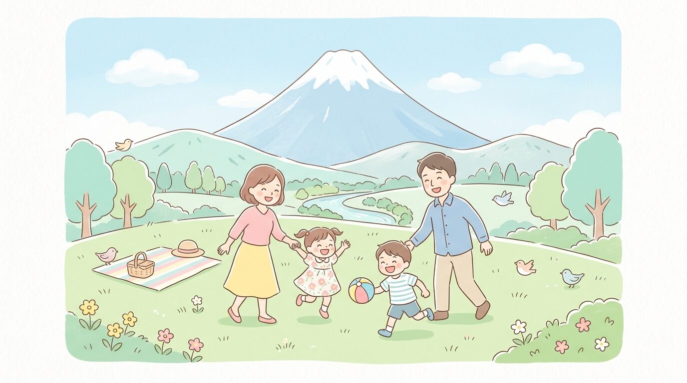 富士山を背景に緑の芝生広場で親子が笑いながら遊ぶ様子