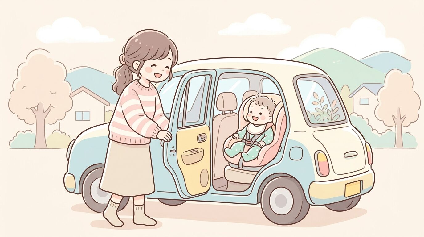 チャイルドシートに座る赤ちゃんと車のドアを開ける若い母親