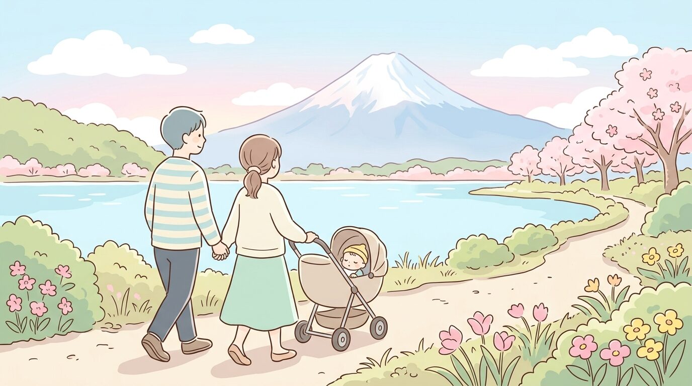 河口湖畔で富士山を眺めながらベビーカーを押す家族の後ろ姿