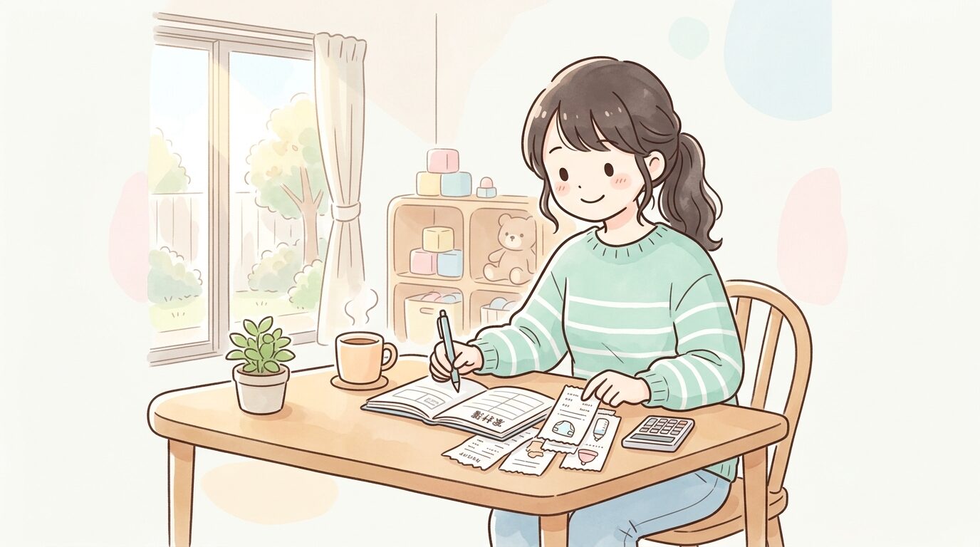 リビングで家計簿とベビー用品のレシートを整理する20代の母親、柔らかい自然光が差し込む温かい雰囲気
