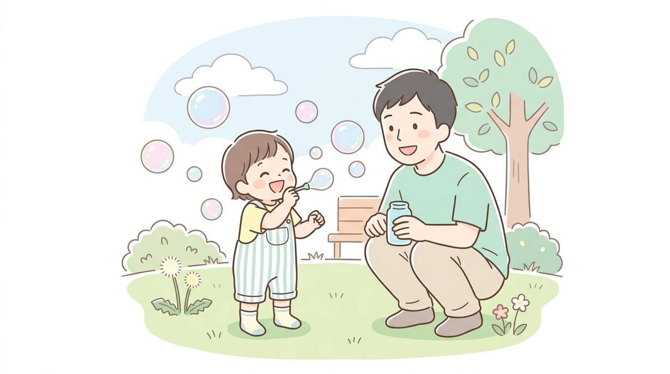 公園でシャボン玉遊びをする2歳くらいの子どもと見守る笑顔の父親、明るい昼下がりの屋外シーン