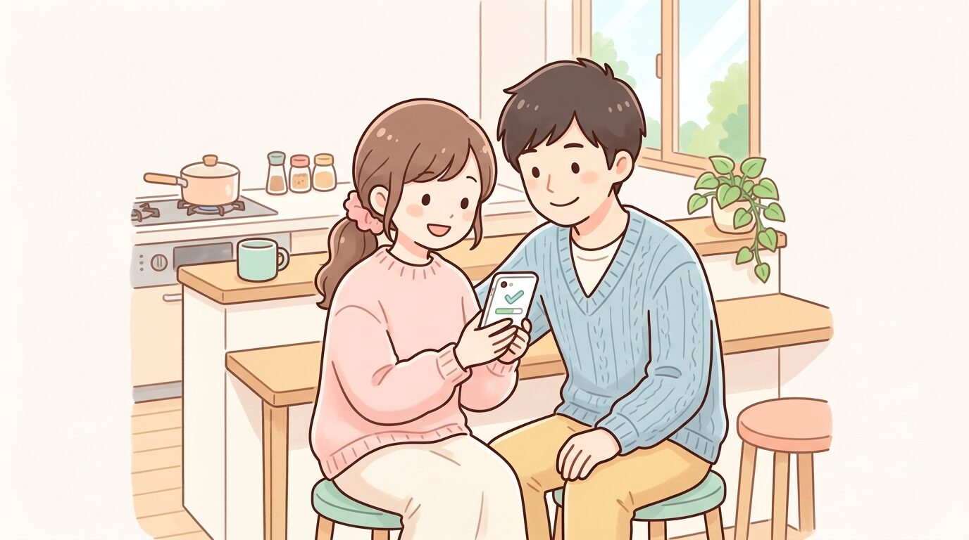 スマートフォンで児童手当の申請状況を確認する共働き夫婦、キッチンで並んで座る自然な日常シーン