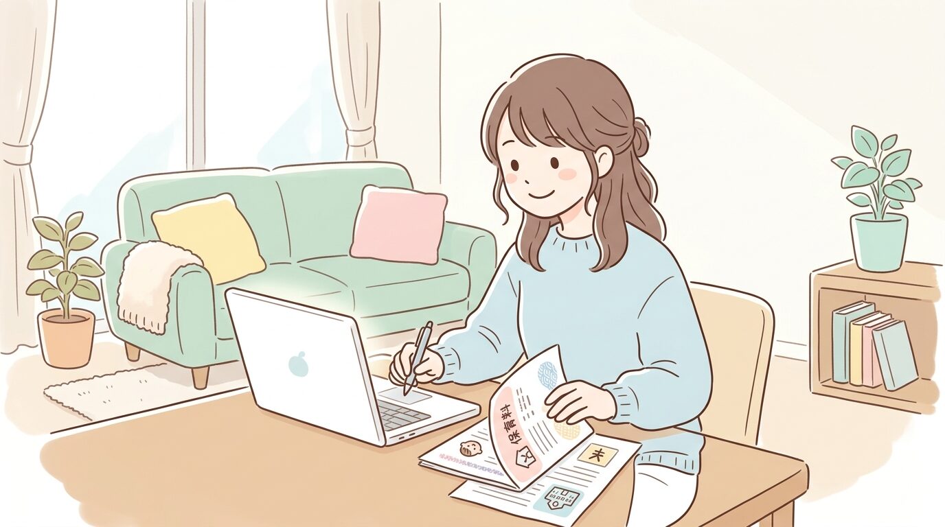 リビングでノートパソコンを見ながら保育料の資料を確認する20代後半の母親
