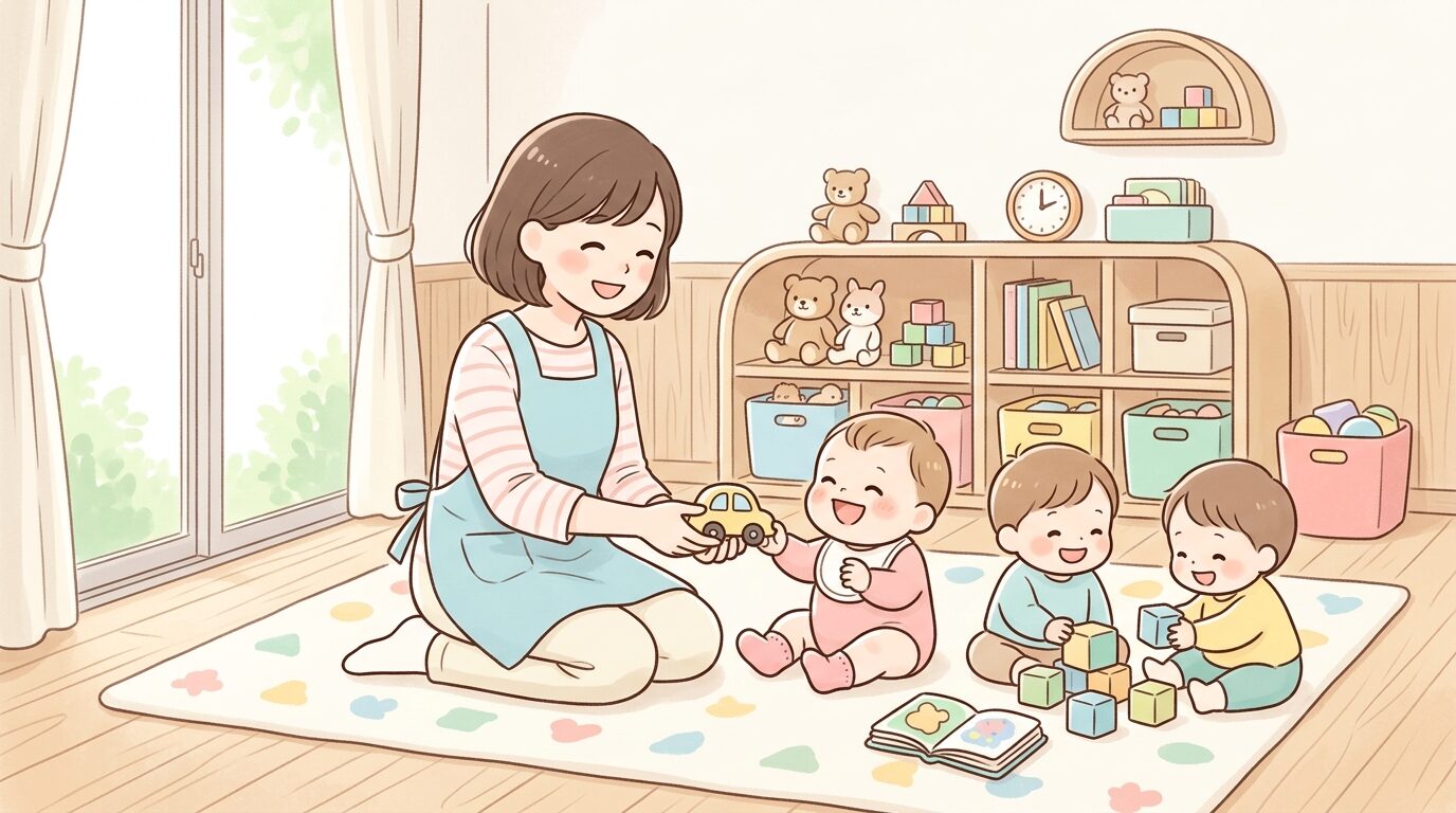 明るい保育室で子どもたちと一緒に遊ぶ保育士と笑顔の乳児
