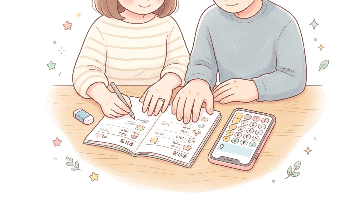 家計簿とスマートフォンの電卓アプリを見比べながら保育料を計算する両親の手元