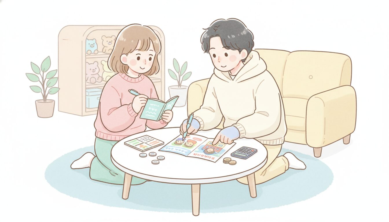 リビングで幼稚園のパンフレットを見比べながら家計簿をつける若い夫婦