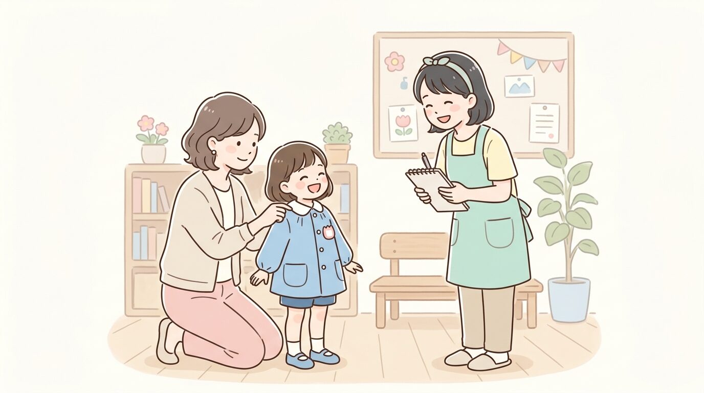 幼稚園の制服を試着させてもらう親子と笑顔で対応する保育士