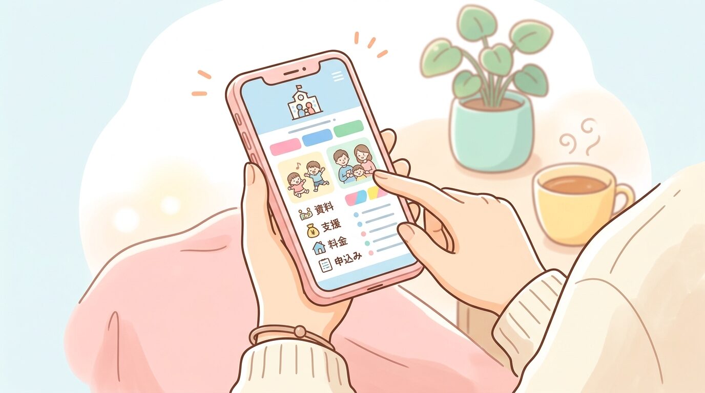 スマートフォンで自治体の子育て支援サイトを確認する母親の手元