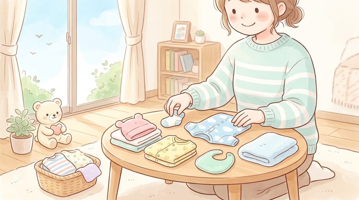 リビングで赤ちゃんの小さな洋服を畳みながら微笑む母親の手元、柔らかい自然光が差し込む温かい雰囲気