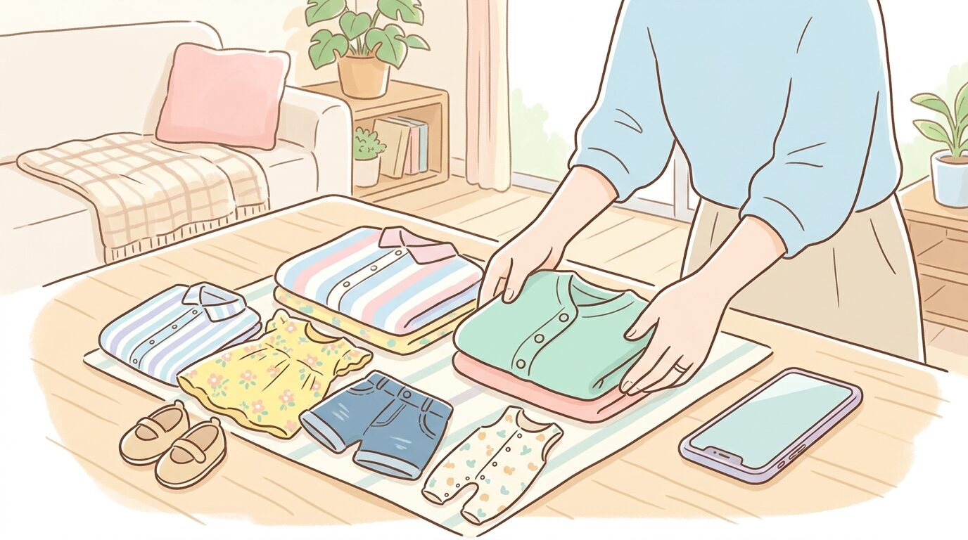 明るいリビングでフリマアプリの写真撮影をするために子ども服をきれいに並べる親の手元、スマートフォンとともに