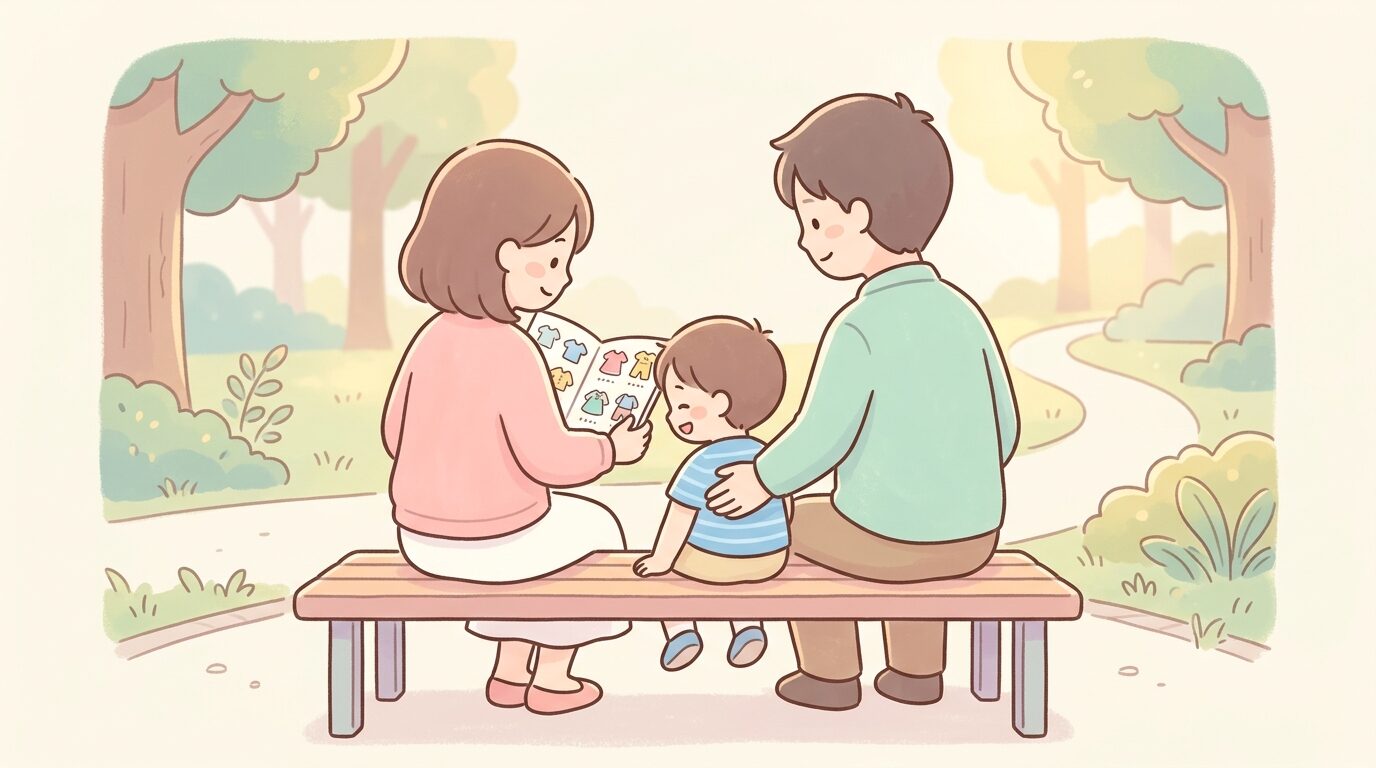 公園のベンチに座り、子どもと一緒に穏やかな笑顔で洋服を選んでいる家族の後ろ姿、午後の柔らかな光