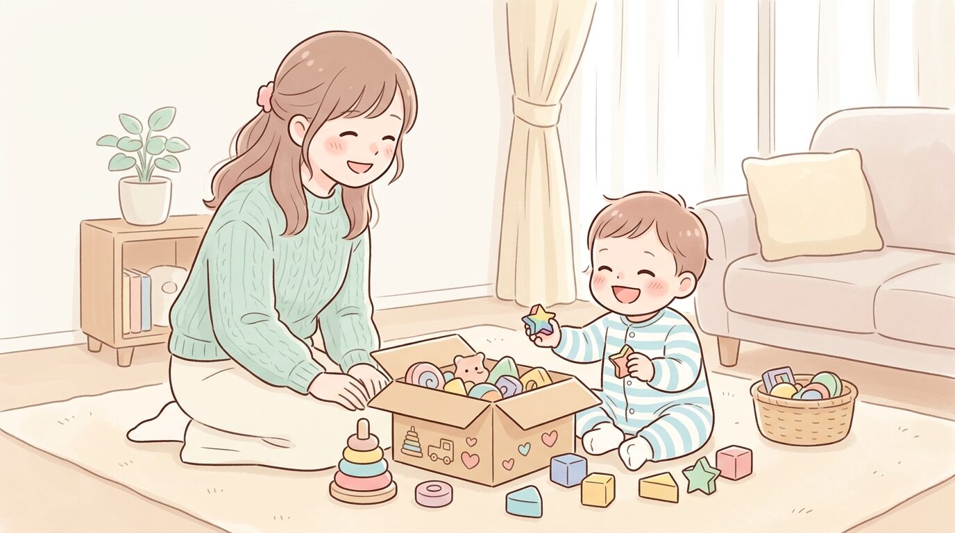 リビングで知育玩具の箱を開けて笑顔で遊ぶ1歳児と見守る母親