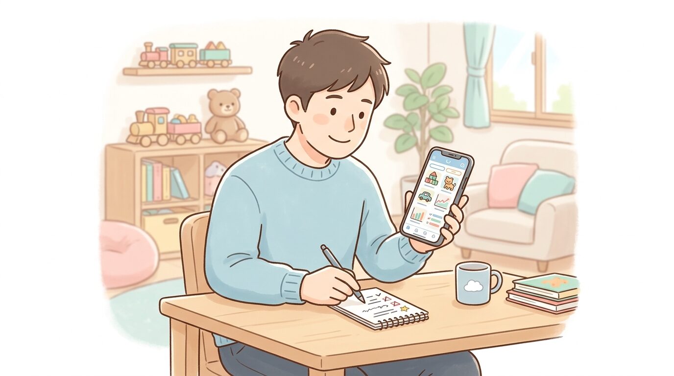 スマートフォンでおもちゃサブスクの料金プランを比較しながらメモを取る父親