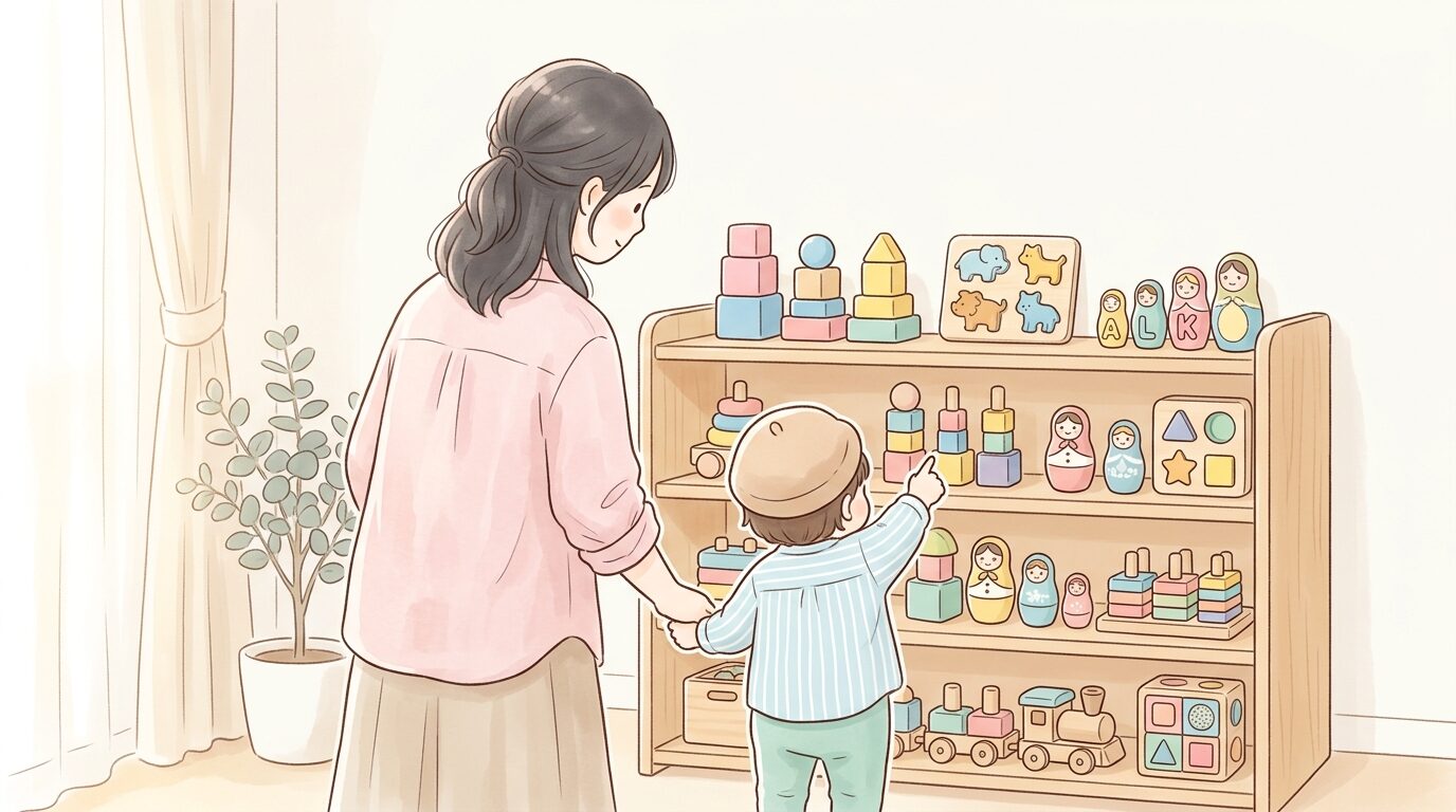 積み木やパズルなど木製知育玩具が並んだ棚の前で選ぶ親子の後ろ姿
