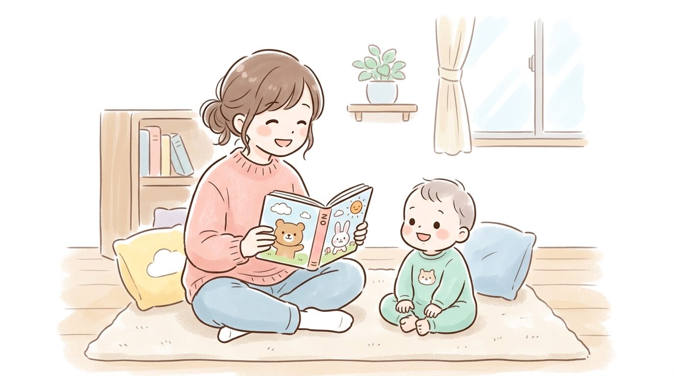 リビングの床に座り、赤ちゃんに絵本を読み聞かせる笑顔のママの様子