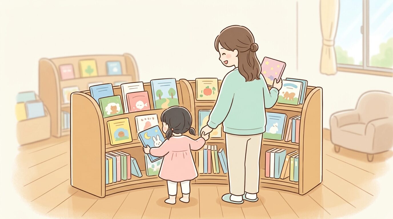 図書館の絵本コーナーで様々な絵本を手に取る親子の後ろ姿