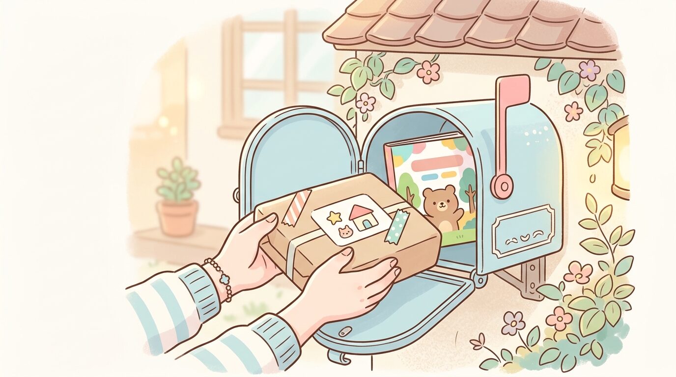 郵便受けから絵本が入った定期購読の小包を取り出す親の手元