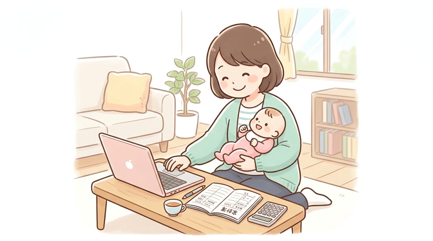 リビングでノートパソコンと家計簿ノートを広げ、赤ちゃんを抱っこしながら微笑む30代の母親
