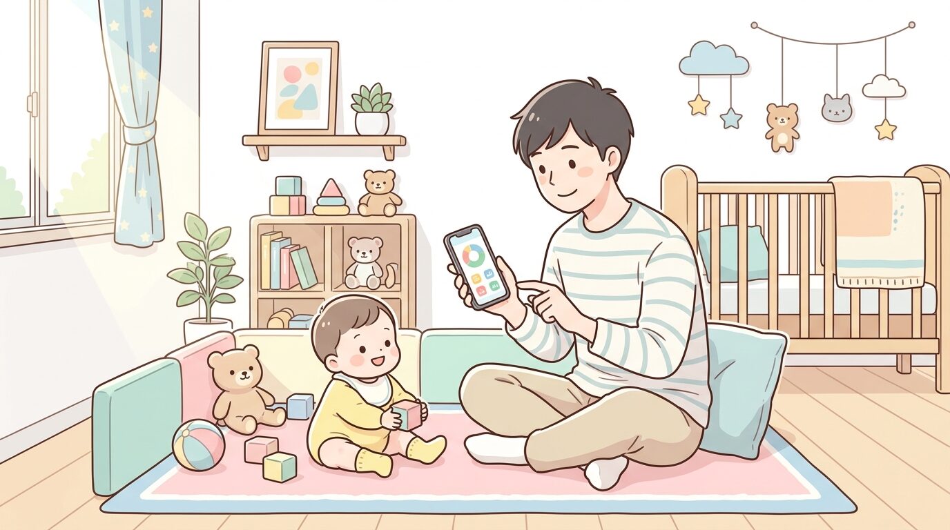 明るい子ども部屋でスマートフォンの家計簿アプリを操作しながら赤ちゃんを見守る父親