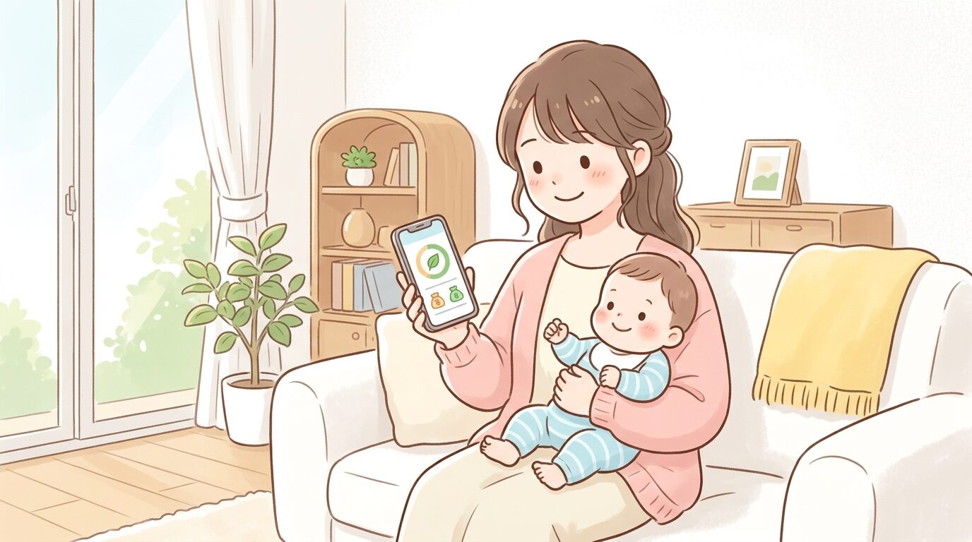 リビングで赤ちゃんを抱っこしながら家計簿アプリをスマートフォンで確認する20代後半の母親、柔らかい自然光が差し込む温かい雰囲気