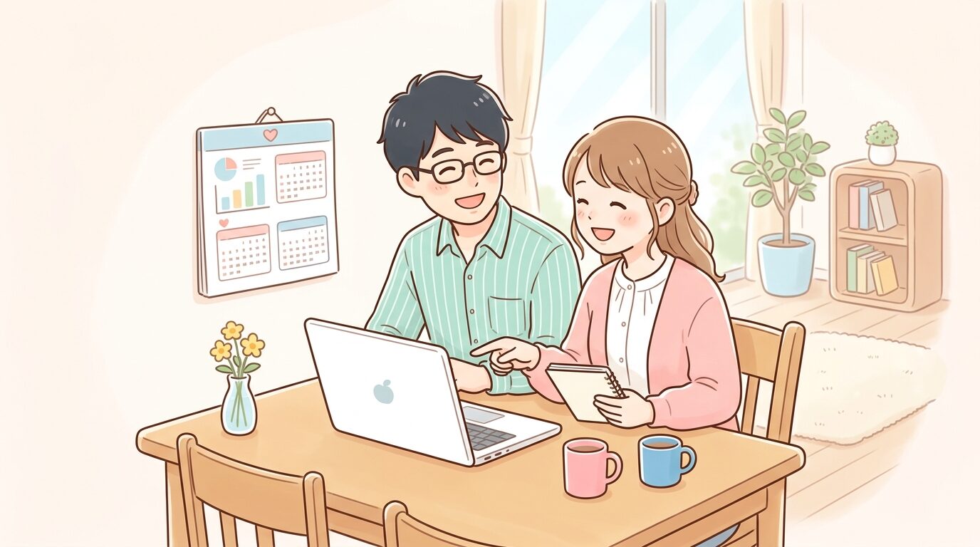 ダイニングテーブルで夫婦が並んでノートパソコンとカレンダーを見ながら教育費の計画について話し合う様子、明るく前向きな表情