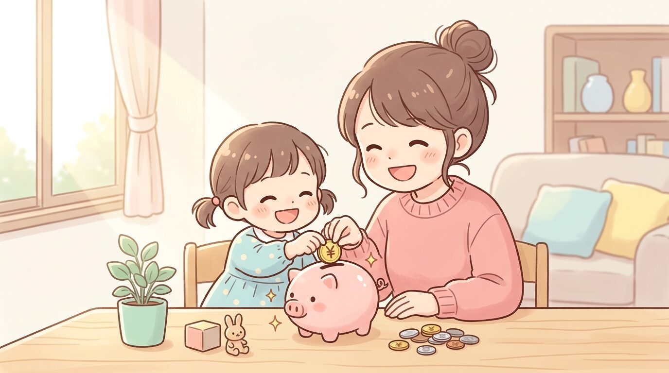 幼い子どもと一緒に貯金箱にコインを入れて笑い合う母親、柔らかな午後の光が差すリビングルーム
