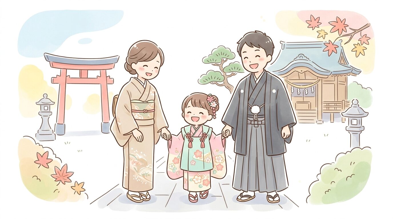 七五三の晴れ着を着た3歳の女の子と両親が神社の境内で笑顔で手をつないでいる様子