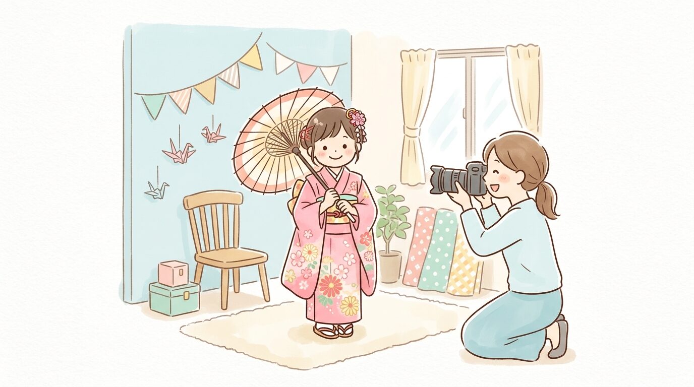 フォトスタジオの明るいセット内で7歳の女の子が晴れ着姿でカメラマンに撮影されている様子