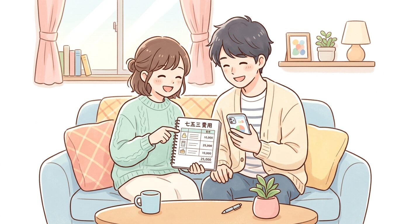 リビングでスマートフォンとノートを使いながら七五三の予算表を家族で確認している夫婦