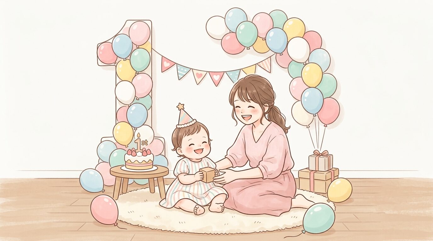 リビングでバルーンとガーランドに囲まれた1歳の誕生日会の様子、笑顔の赤ちゃんとママ