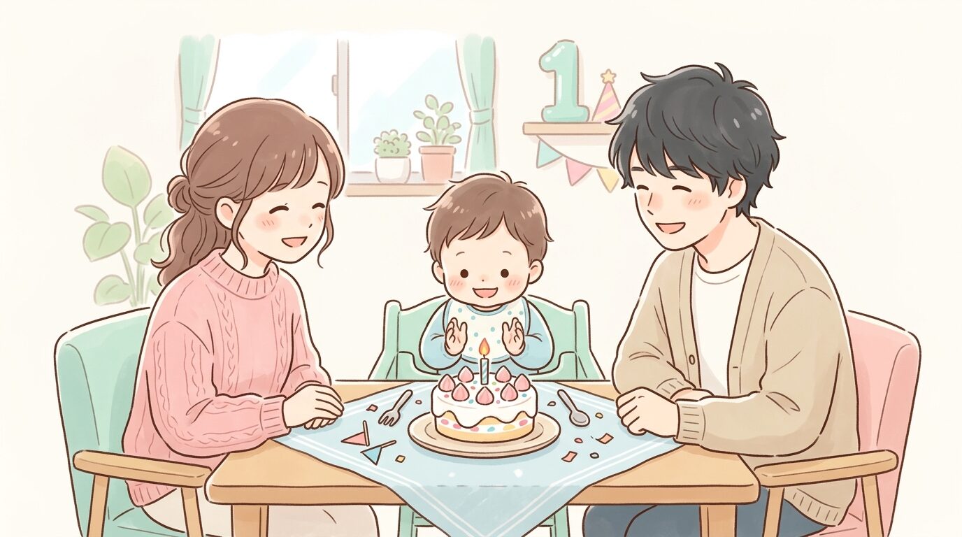 手づくりの小さなバースデーケーキを前にした1歳児と、優しく見守る両親の食卓風景