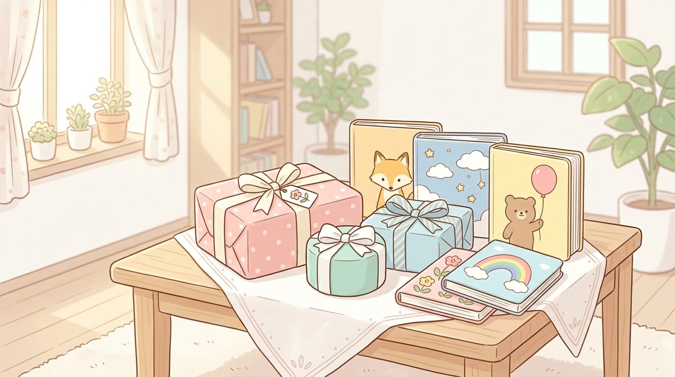 おしゃれにラッピングされた誕生日プレゼントと絵本が並ぶテーブル、柔らかな自然光の差し込む部屋