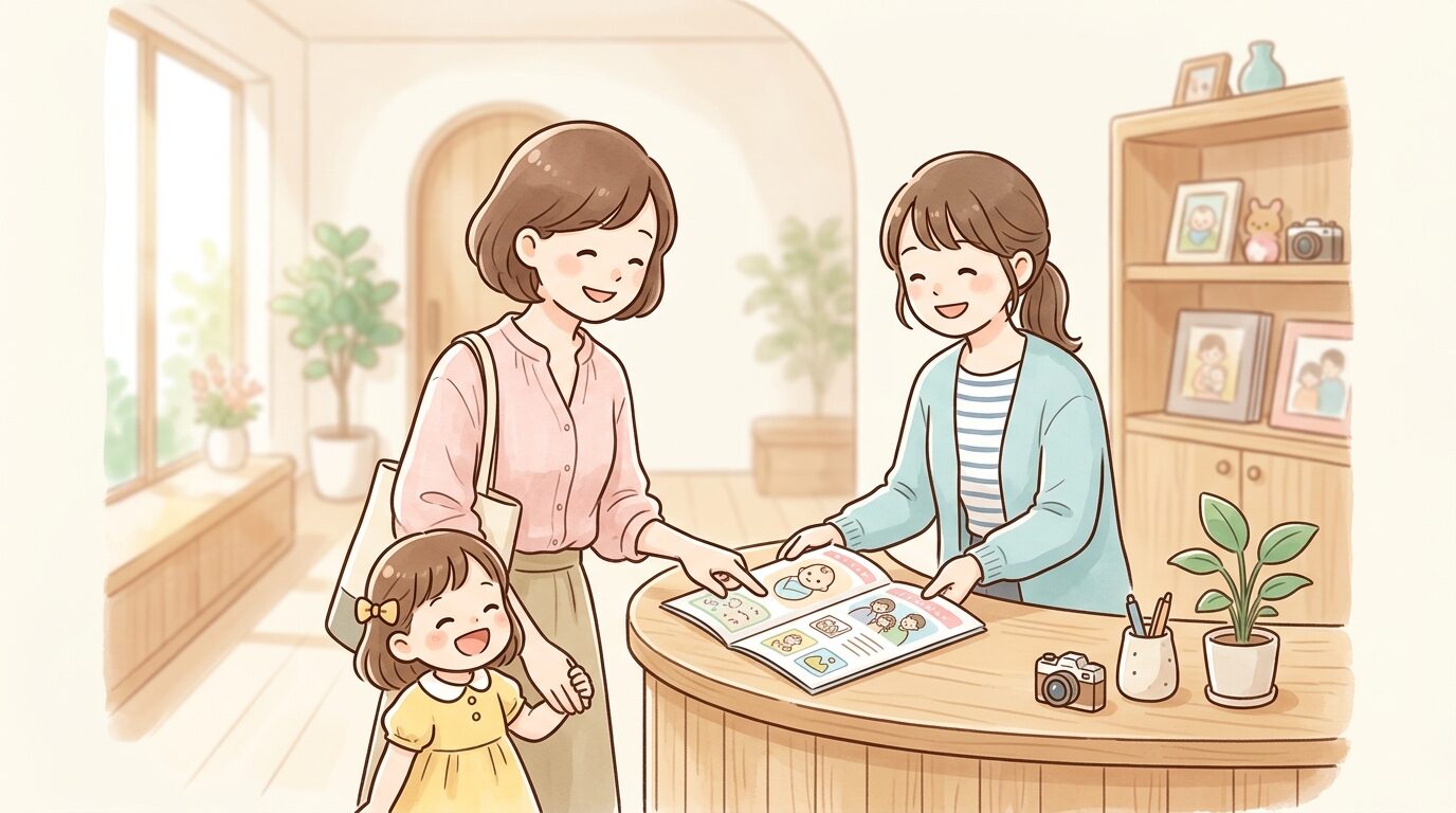 明るいフォトスタジオの受付カウンターで料金プラン表を見ながら相談する母親と幼い子ども