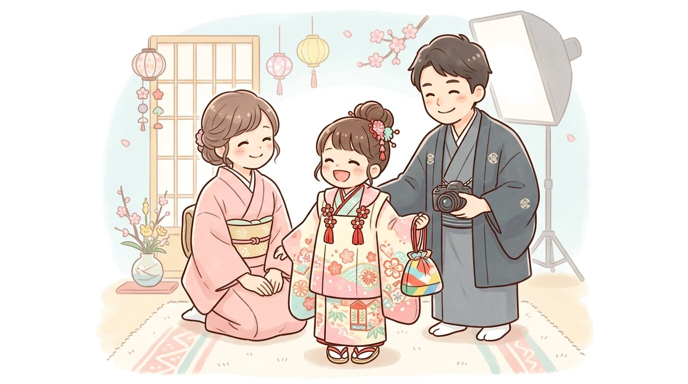 七五三の着物を着た笑顔の女の子と、それを見守る両親のスタジオ撮影シーン