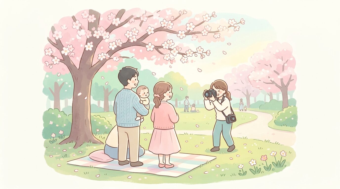 公園の桜の木の下で出張カメラマンに撮影してもらう赤ちゃんと若い夫婦の後ろ姿