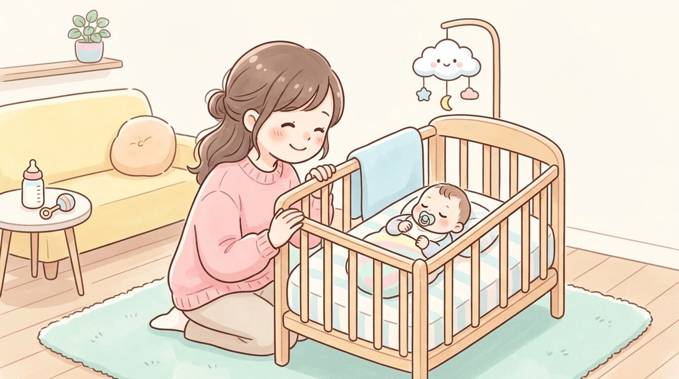 リビングでベビーベッドの中で眠る新生児を優しく見守る母親の横顔