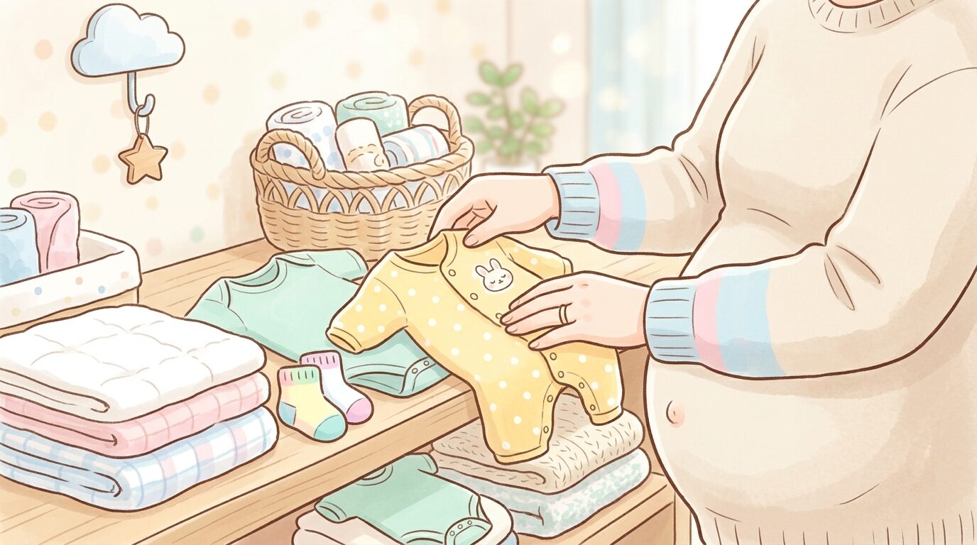 赤ちゃんのために新品のベビー服やタオルを選ぶ妊娠中の女性の手元