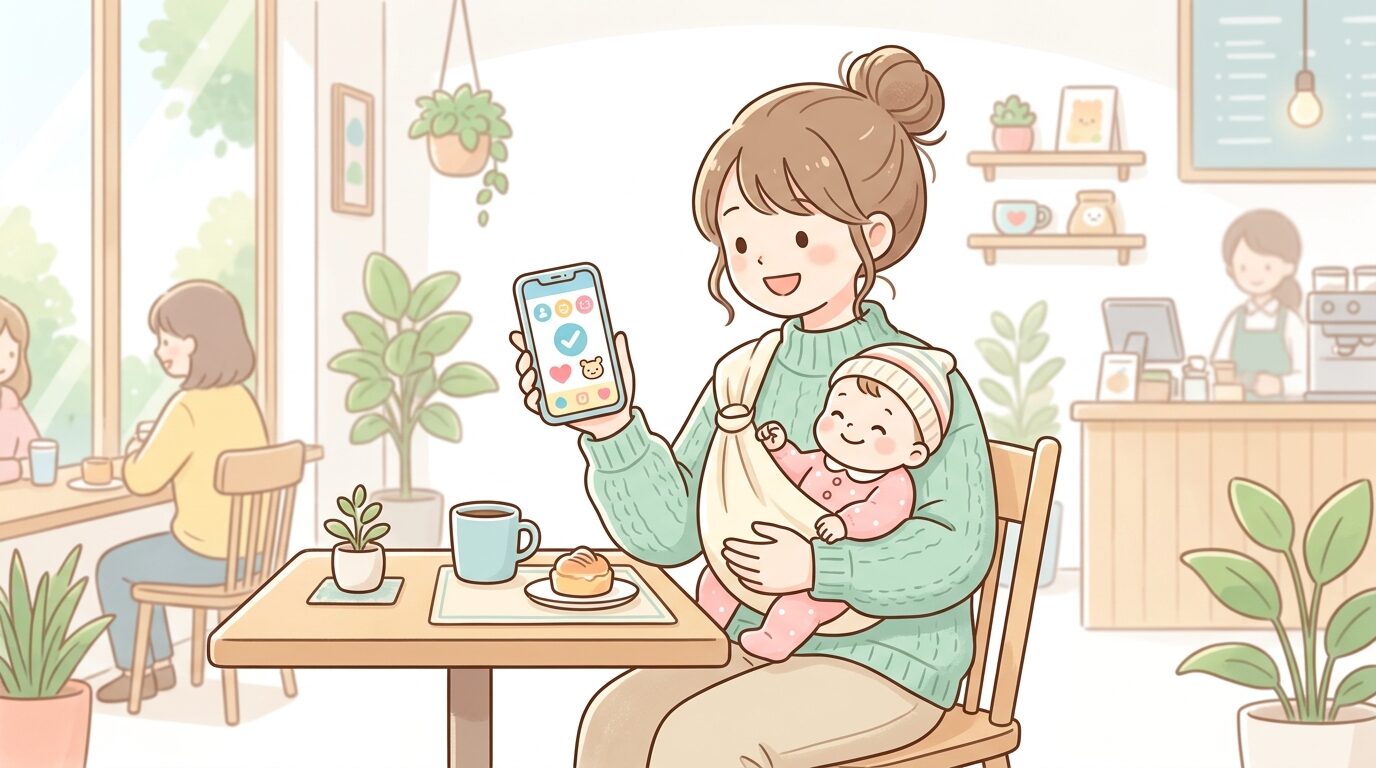 赤ちゃんを抱っこしながらスマートフォンでパスポートアプリを表示する若い母親、明るいカフェの店内