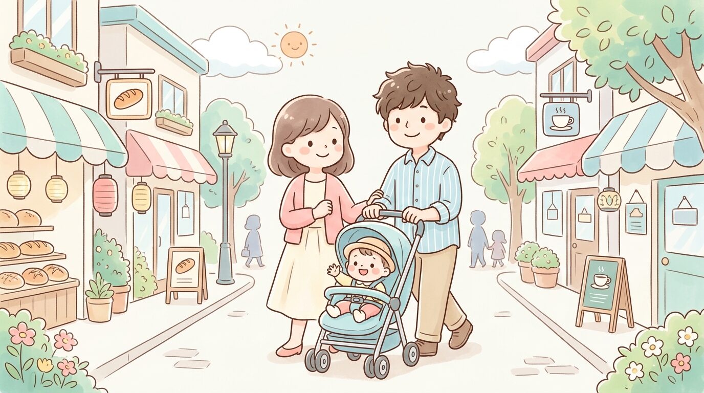 ベビーカーを押しながら商店街を歩く夫婦と小さな子ども、晴れた休日の午後