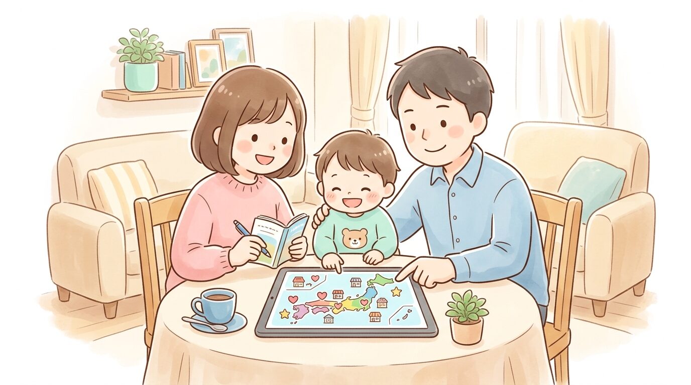タブレットで全国の協賛店マップを確認しながら旅行の計画を立てる家族、リビングのテーブル