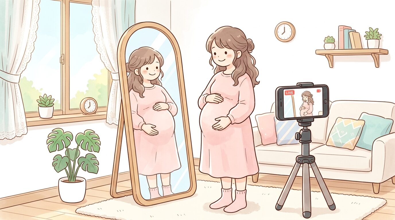 自然光が差し込む明るいリビングでスマートフォンを三脚に設置し、鏡の前で妊婦さんが自分のお腹を優しく撫でながら微笑んでいる様子