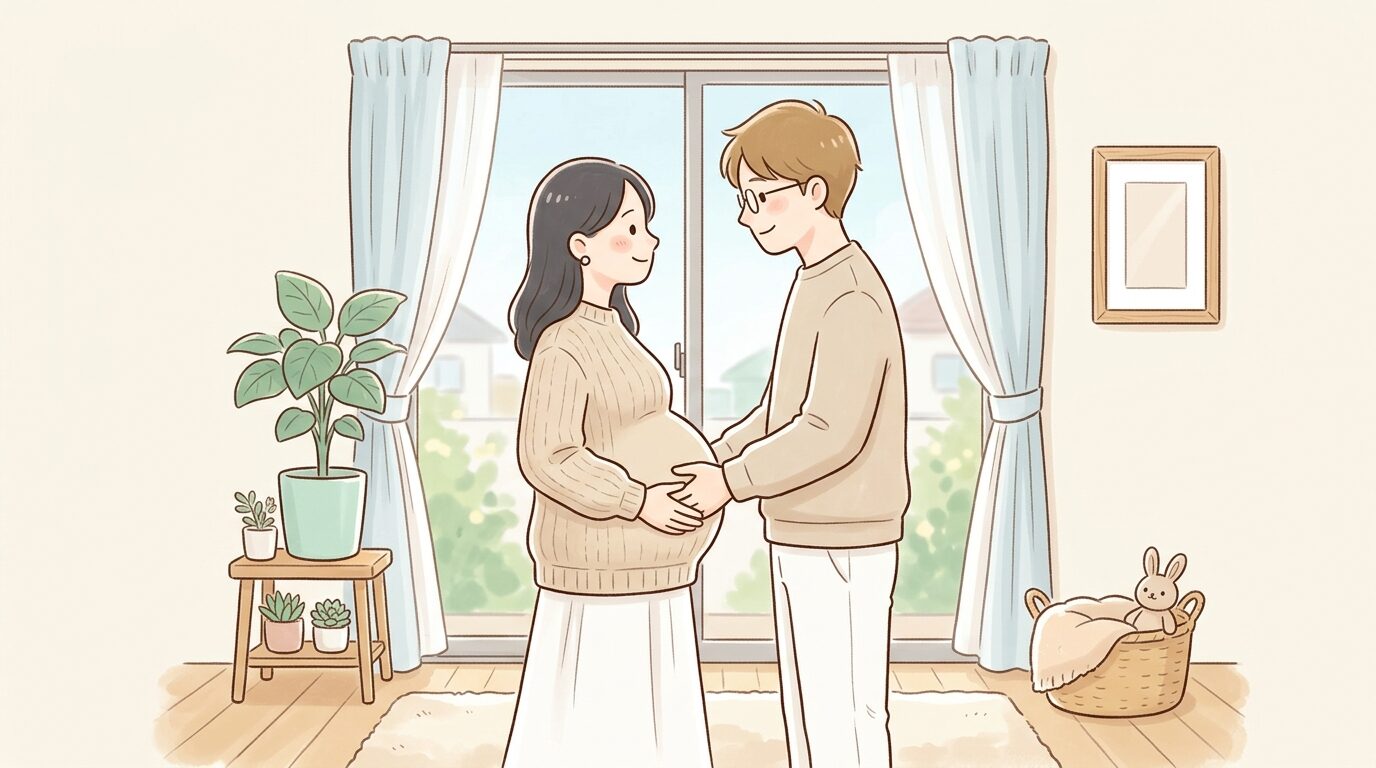 ベージュとホワイトで色味を統一した夫婦がリビングの窓辺でお腹に手を添えて向かい合っているマタニティフォトの一場面