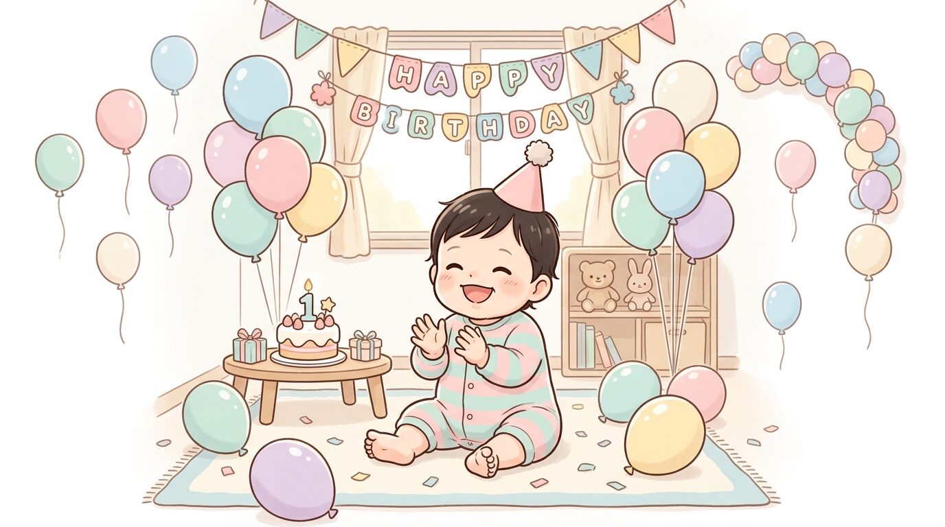 リビングにパステルカラーの風船とガーランドを飾り、赤ちゃんが笑顔でお座りしている誕生日パーティーの様子