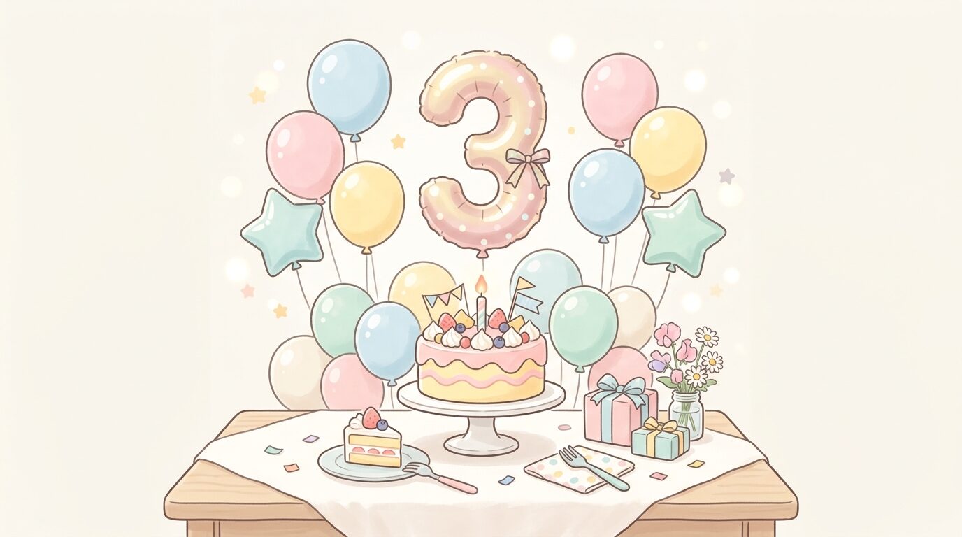 ナンバーバルーンとフィルムバルーンを組み合わせて飾られた誕生日ケーキ周りのテーブルコーディネート